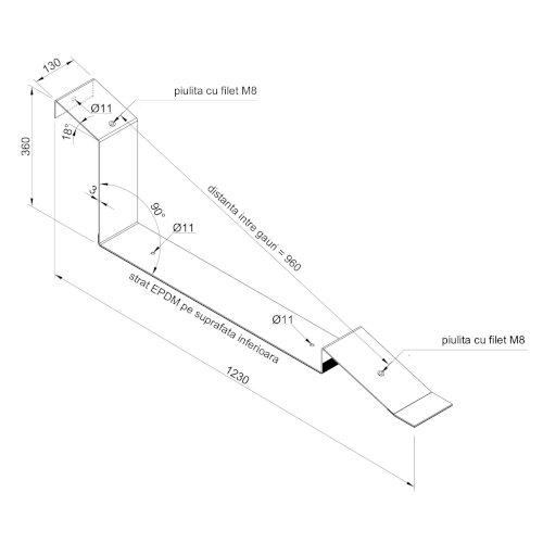 Опорна конструкція 1 х 7 південних панелей, нахил 18°, на прямому даху